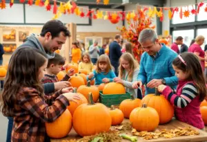 Families participating in interactive pumpkin sculpting at an art center in Buffalo