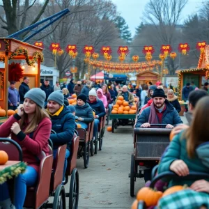 Families enjoying Pumpkinfest with hayrides and pumpkin carving.