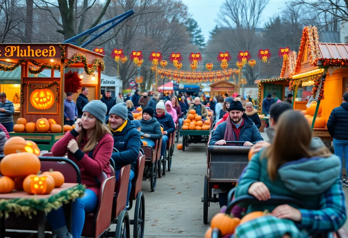 Families enjoying Pumpkinfest with hayrides and pumpkin carving.