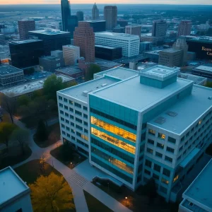 Aerial view of Roswell Park Comprehensive Cancer Center with Buffalo skyline