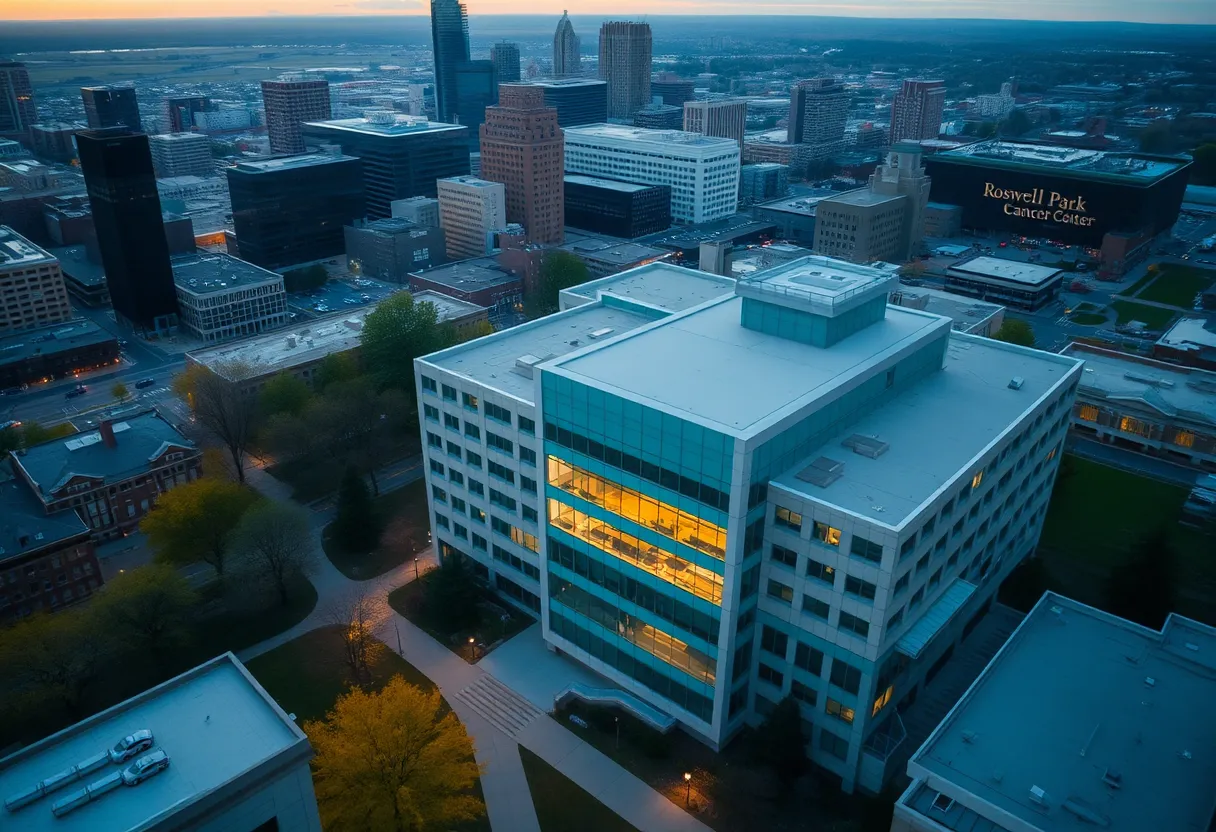 Aerial view of Roswell Park Comprehensive Cancer Center with Buffalo skyline