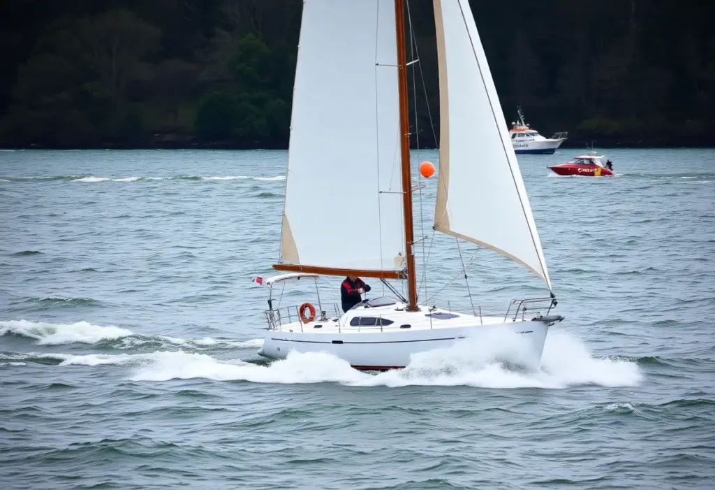 Sailboat partially capsized in the Niagara River with rescue teams nearby.
