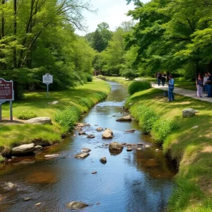 A view of Scajaquada Creek in a lush natural setting, with historical markers and community members enjoying outdoor activities.