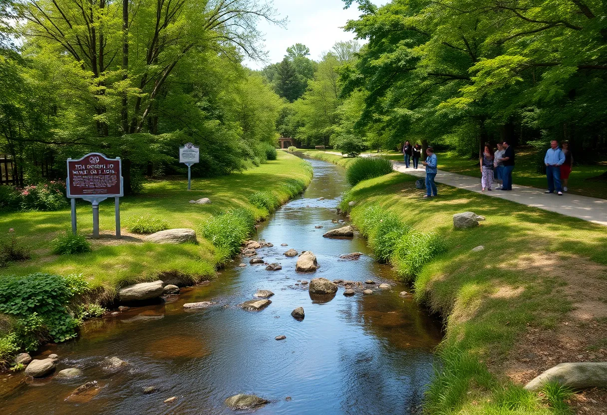 A view of Scajaquada Creek in a lush natural setting, with historical markers and community members enjoying outdoor activities.
