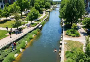 A view of Scajaquada Creek showing green spaces and community activities