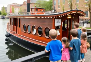 Visitors engaging with exhibits around the Seneca Chief canal boat during the Erie Canal bicentennial celebration.