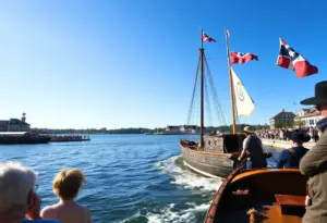 Replicated historic Seneca Chief boat during Erie Canal anniversary celebration in Buffalo