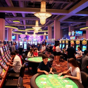 Crowded casino floor with families enjoying games and entertainment