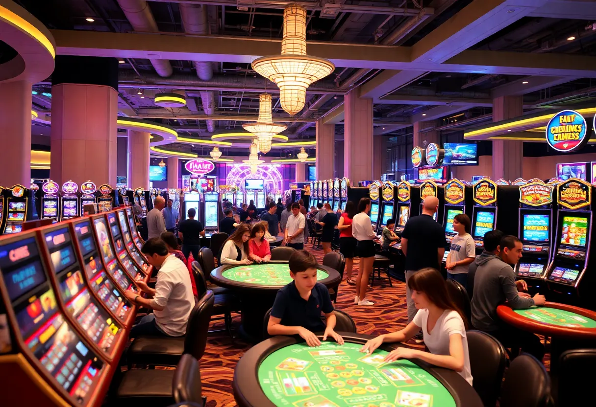 Crowded casino floor with families enjoying games and entertainment