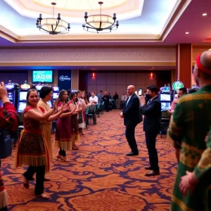 Festive atmosphere at Seneca Niagara Casino with Iroquois dance performance.