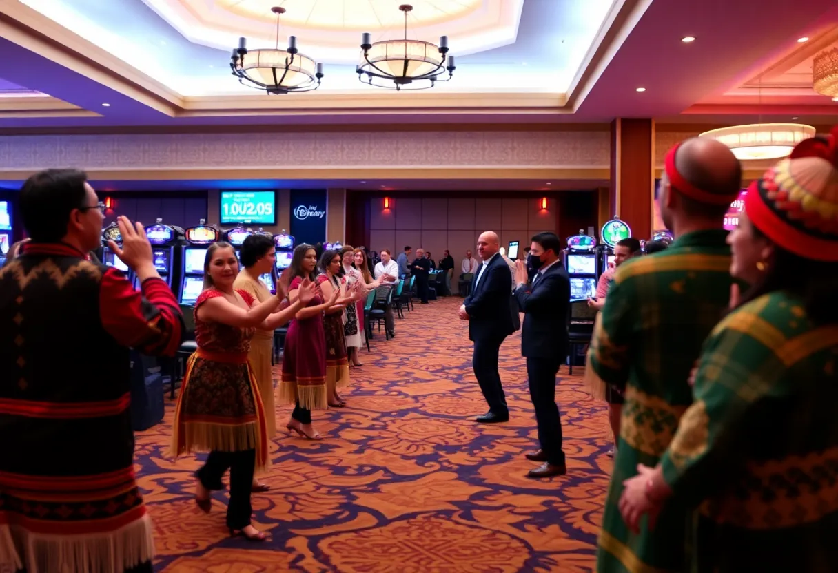 Festive atmosphere at Seneca Niagara Casino with Iroquois dance performance.