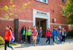 South Park High School building with students returning to classes