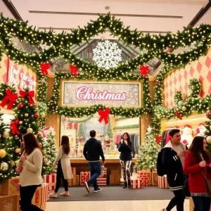 Christmas pop-up store by Spirit Halloween filled with holiday decorations and shoppers
