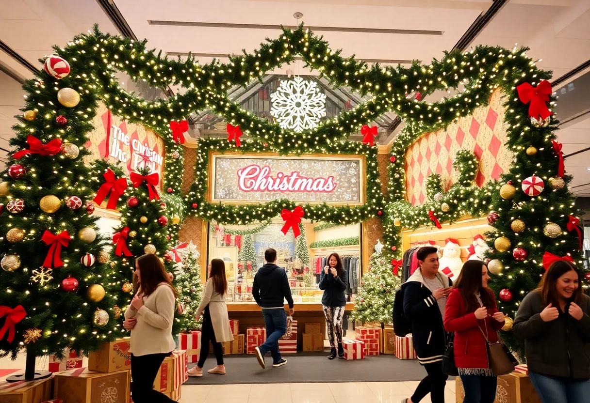 Christmas pop-up store by Spirit Halloween filled with holiday decorations and shoppers
