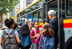 Students boarding a bus in Buffalo for school transportation.
