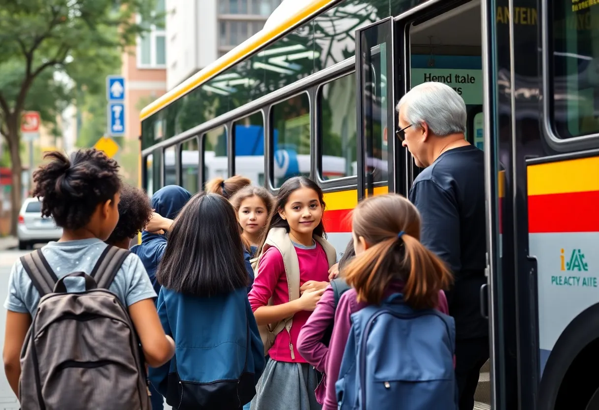 Students boarding a bus in Buffalo for school transportation.