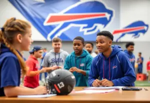 Students at SUNY Erie Community College participating in sports training with Buffalo Bills branding visible