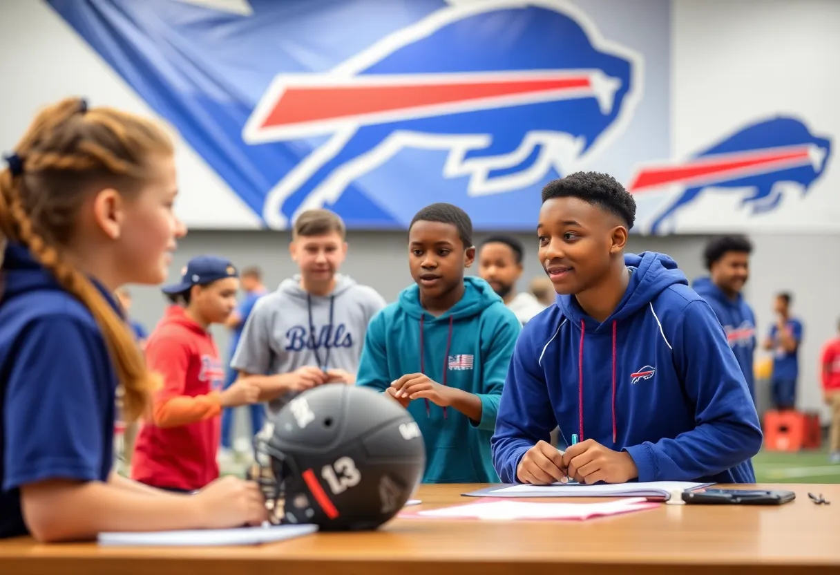 Students at SUNY Erie Community College participating in sports training with Buffalo Bills branding visible
