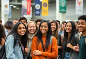 Group of diverse high school seniors at a college fair, symbolizing college access and inclusivity.