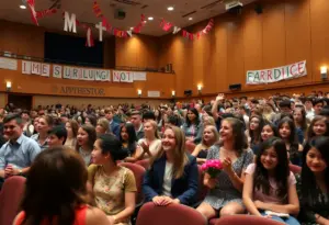 Students celebrating a surprise wedding in a school auditorium