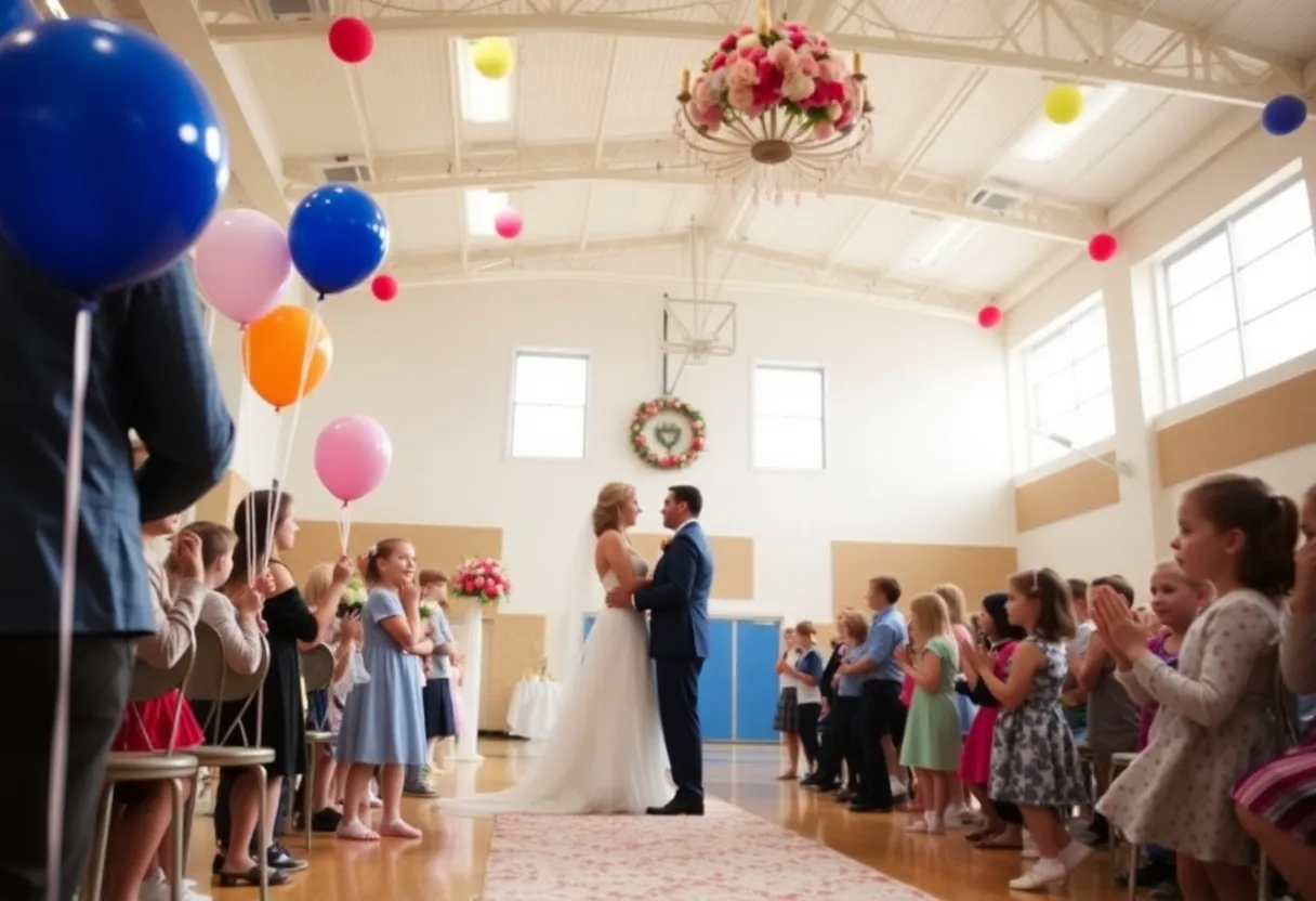 School gymnasium decorated for a surprise wedding ceremony