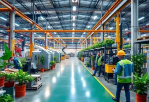 Manufacturing facility utilizing eco-friendly practices with workers engaged in production.
