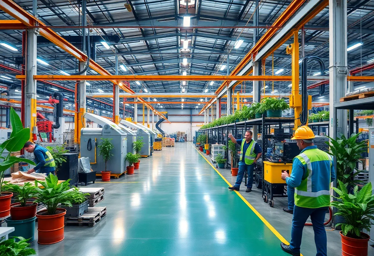 Manufacturing facility utilizing eco-friendly practices with workers engaged in production.