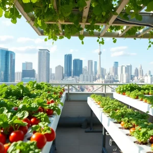 Rooftop garden with hydroponic systems in an urban setting