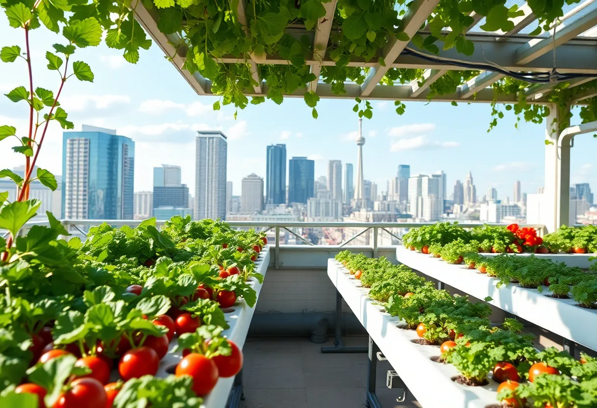 Rooftop garden with hydroponic systems in an urban setting