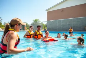 Group of teens in lifeguard uniforms practicing pool safety techniques.