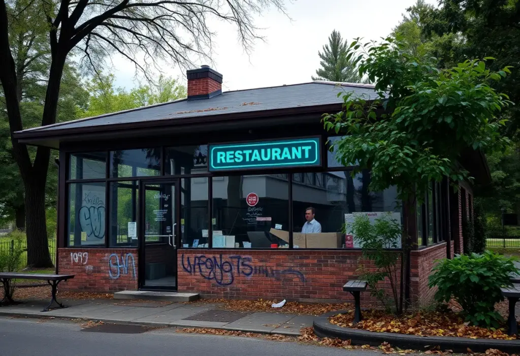 Broken windows and graffiti on The Terrace Restaurant in Delaware Park