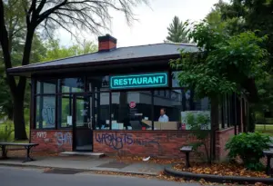 Broken windows and graffiti on The Terrace Restaurant in Delaware Park