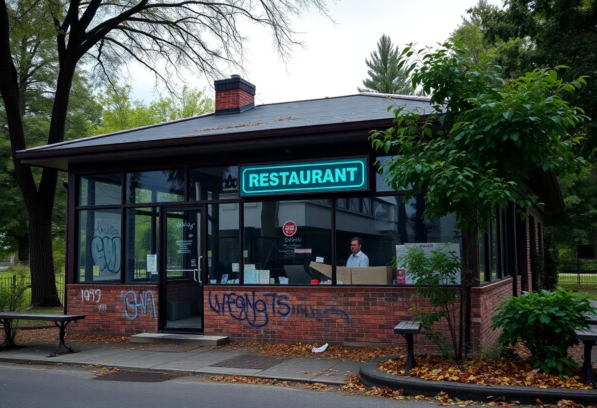 Broken windows and graffiti on The Terrace Restaurant in Delaware Park