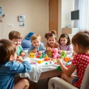 Children playing with new toys in a hospital setting