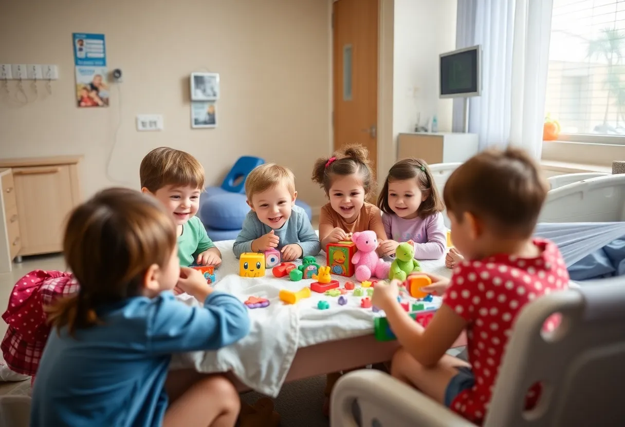 Children playing with new toys in a hospital setting