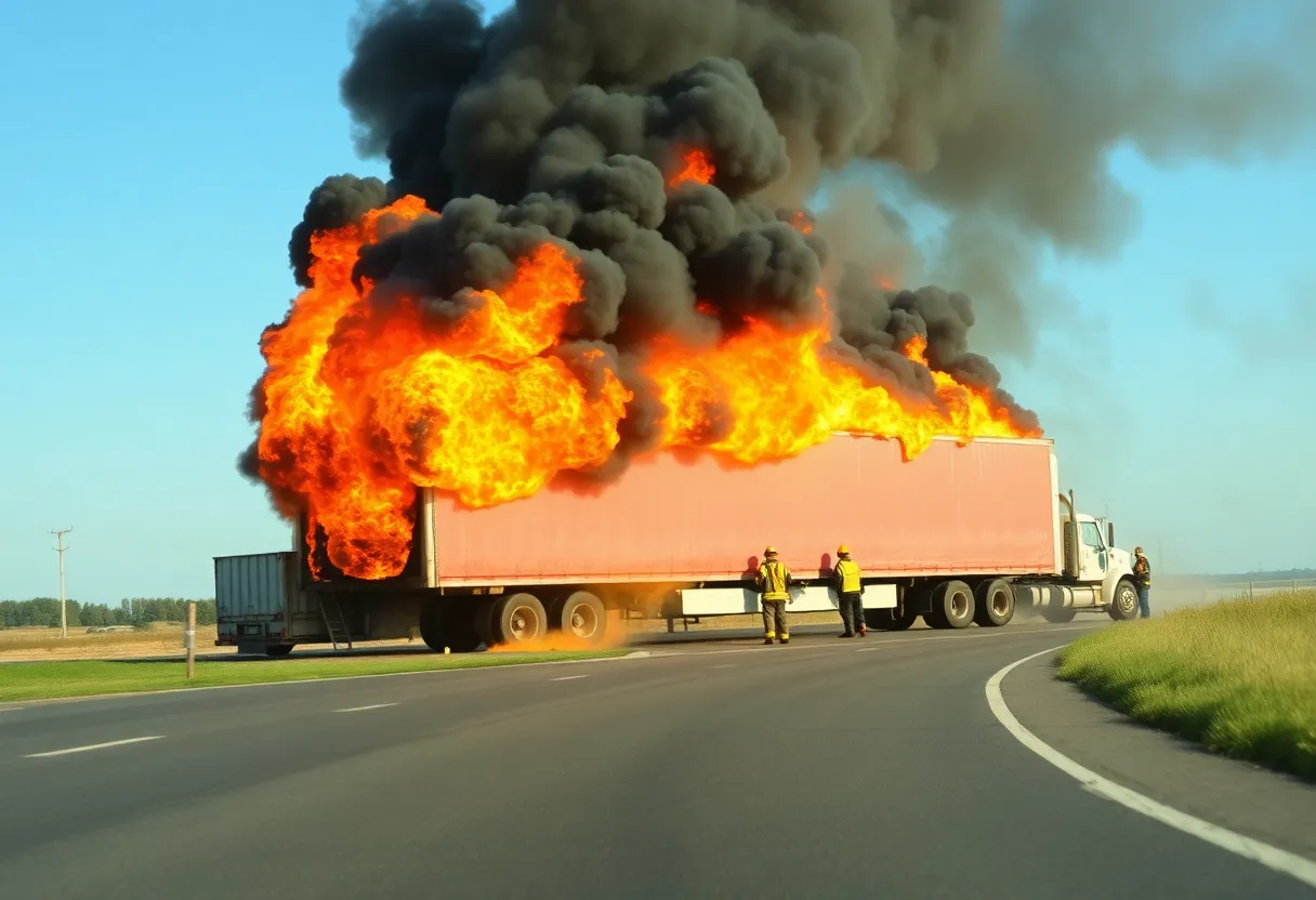 Tractor-trailer on fire on I-90 with emergency responders