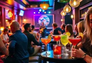 Crowd enjoying cocktails at a bar during Triple M Monday event in Buffalo.