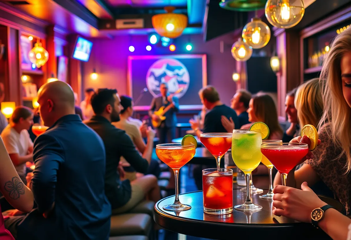 Crowd enjoying cocktails at a bar during Triple M Monday event in Buffalo.