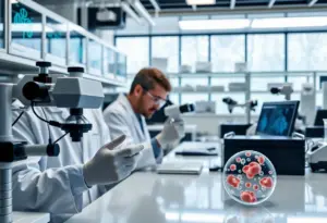Scientists conducting research on protein-RNA droplets in a lab
