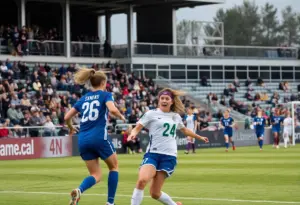 University at Buffalo women's soccer team celebrating a goal