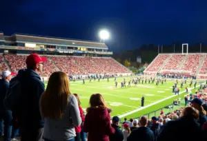 Families attending UMass football game with marching band performance