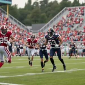 Union College football players celebrating a touchdown during a game.