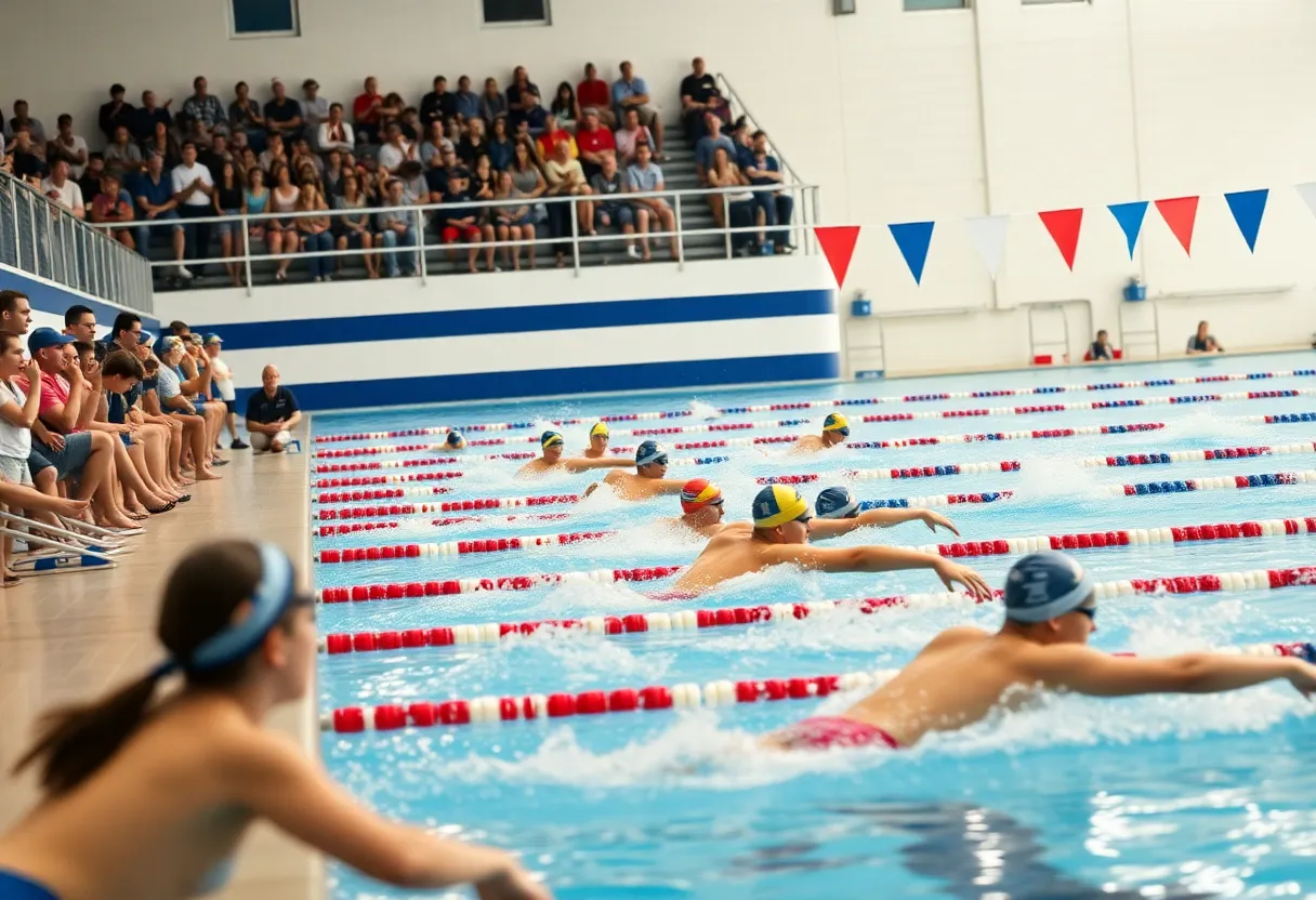 Swimmers from the University at Buffalo swim team competing in a relay event.
