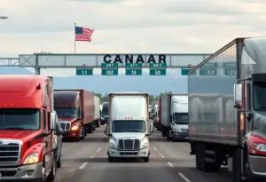 Trucks crossing the Peace Bridge between Buffalo and Canada
