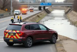 Emergency responders rescuing a vehicle that plunged into a creek in Hamburg, NY.