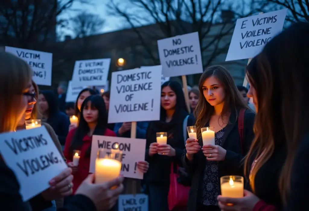 Community members holding candles at a vigil for domestic violence awareness