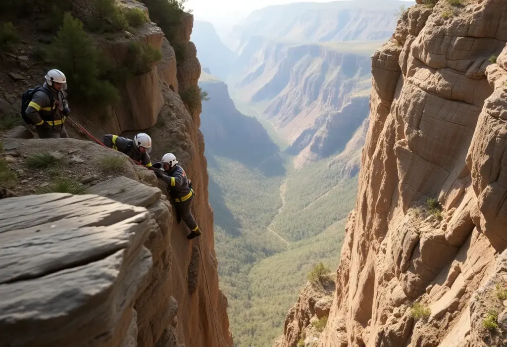 Emergency responders rescuing a car from a cliff near Buffalo Creek