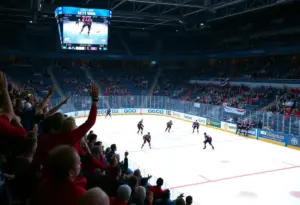 College hockey players in action during a game in Western New York.