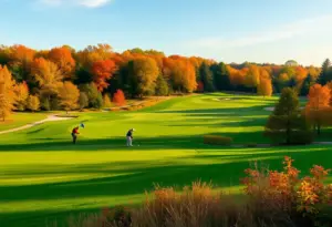 Golfers playing on a beautiful fall golf course