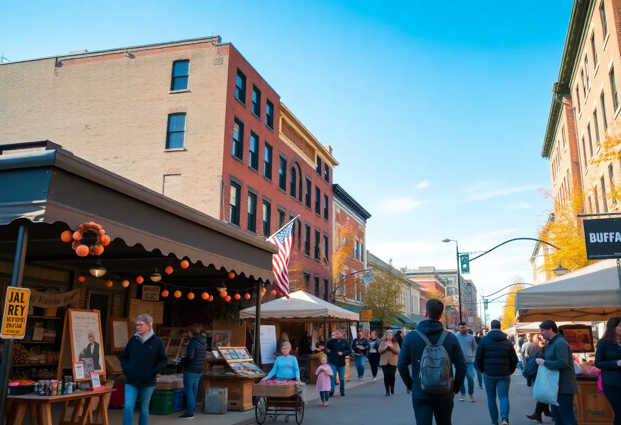 Vibrant street scene illustrating Buffalo's cultural community with local art displays and food markets.